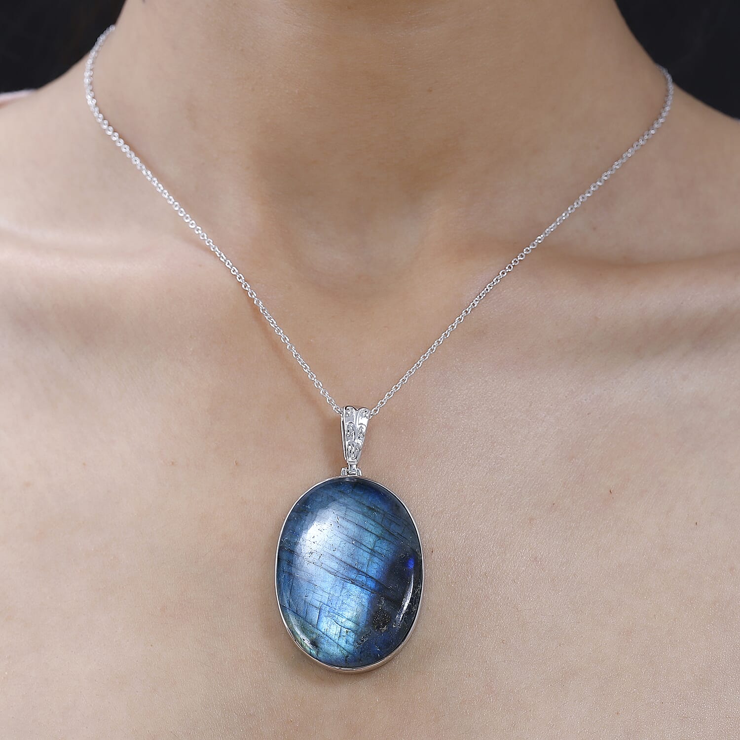 One Time Deal- Labradorite Pendant  in Platinum Overlay Sterling Silver 69.60 Ct, Silver Wt. 12.00 GM