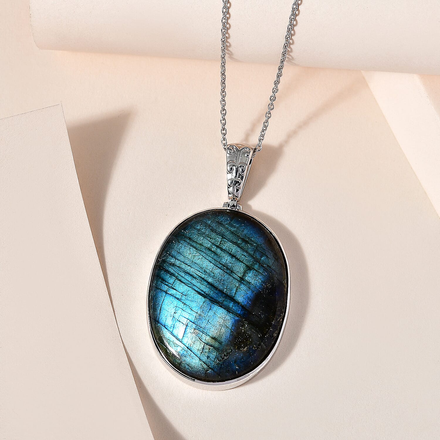 One Time Deal- Labradorite Pendant  in Platinum Overlay Sterling Silver 69.60 Ct, Silver Wt. 12.00 GM