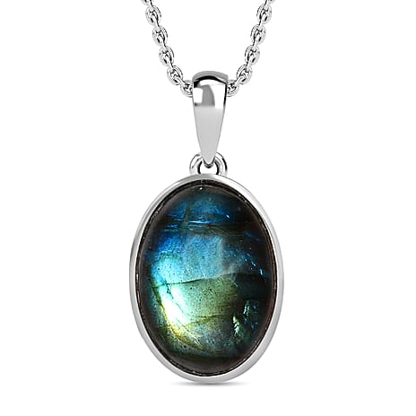 Labradorite Platinum Overlay Sterling Silver Pendant with Stainless Steel Chain (Size 20) 15.00 Ct.