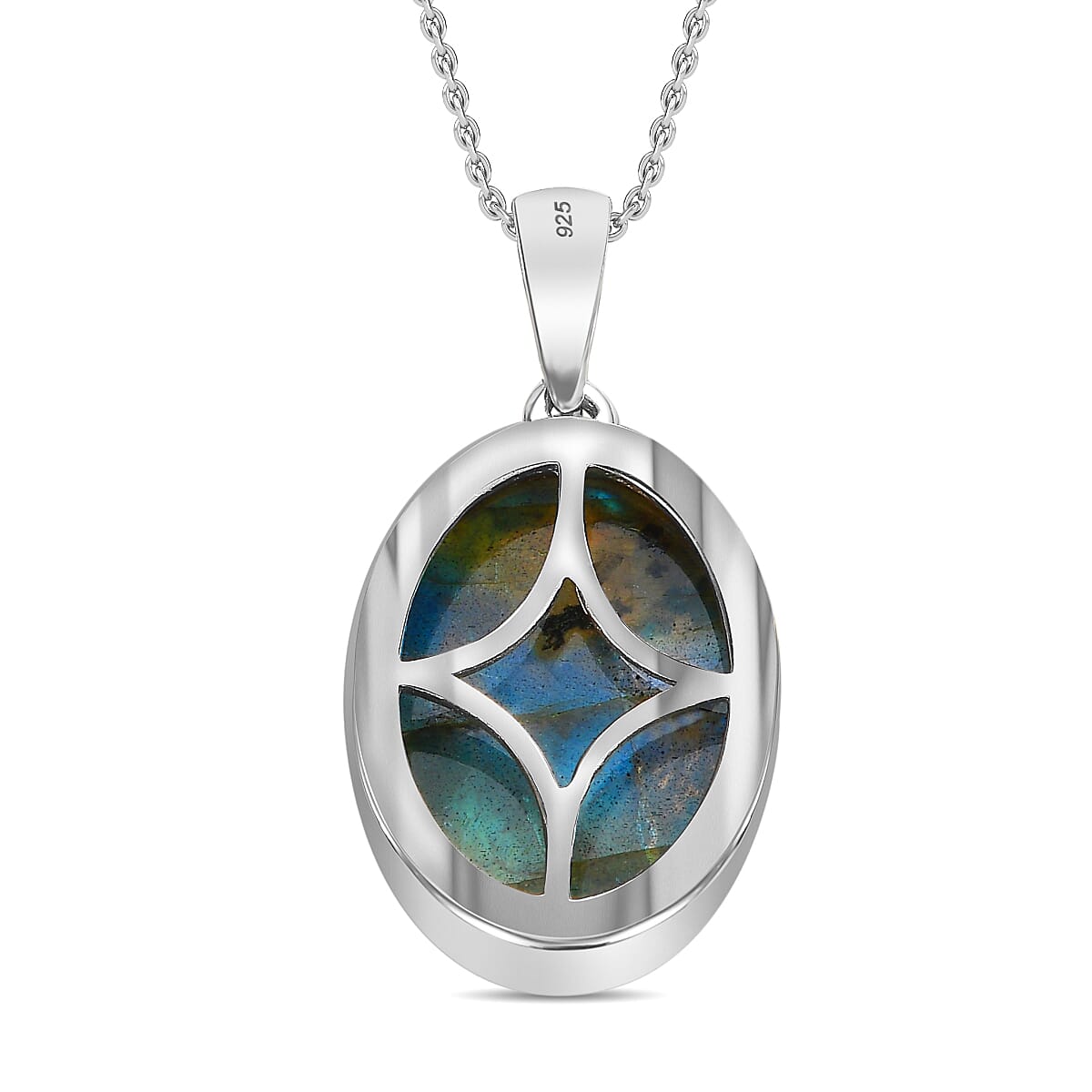 Labradorite Platinum Overlay Sterling Silver Pendant with Stainless Steel Chain (Size 20) 15.00 Ct. Labradorite Platinum Overlay Sterling Silver Pendant with Stainless Steel Chain (Size 20) 15.00 Ct.