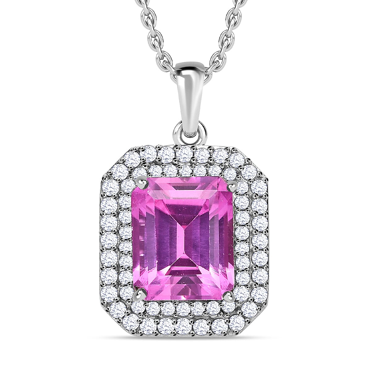 Premium Lab Created Pink Sapphire and Natural Zircon Halo Pendant with Chain (Size 20) in Platinum Overlay Sterling Silver 7.24 Ct, Silver Wt. 5.50 Gms