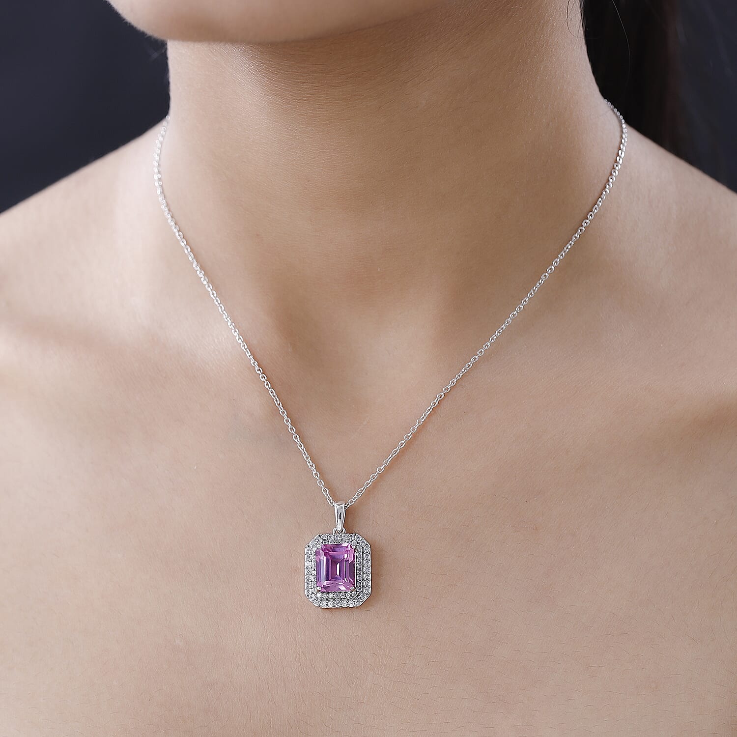 Premium Lab Created Pink Sapphire and Natural Zircon Halo Pendant with Chain (Size 20) in Platinum Overlay Sterling Silver 7.24 Ct, Silver Wt. 5.50 Gms
