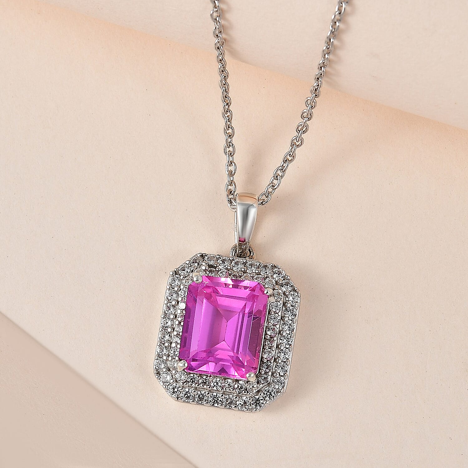 Premium Lab Created Pink Sapphire and Natural Zircon Halo Pendant with Chain (Size 20) in Platinum Overlay Sterling Silver 7.24 Ct, Silver Wt. 5.50 Gms