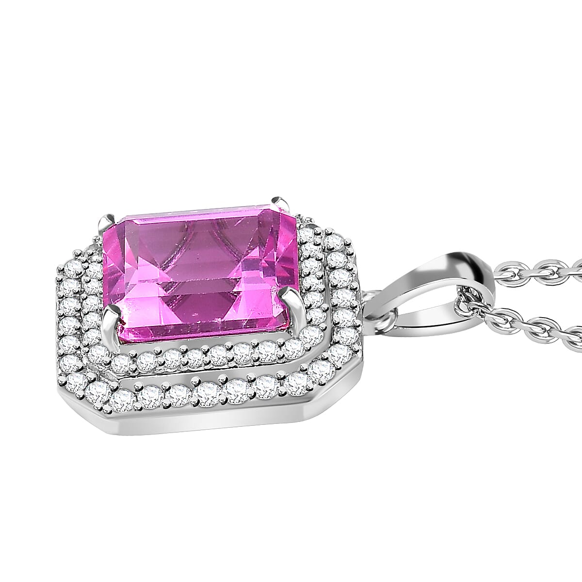 Premium Lab Created Pink Sapphire and Natural Zircon Halo Pendant with Chain (Size 20) in Platinum Overlay Sterling Silver 7.24 Ct, Silver Wt. 5.50 Gms