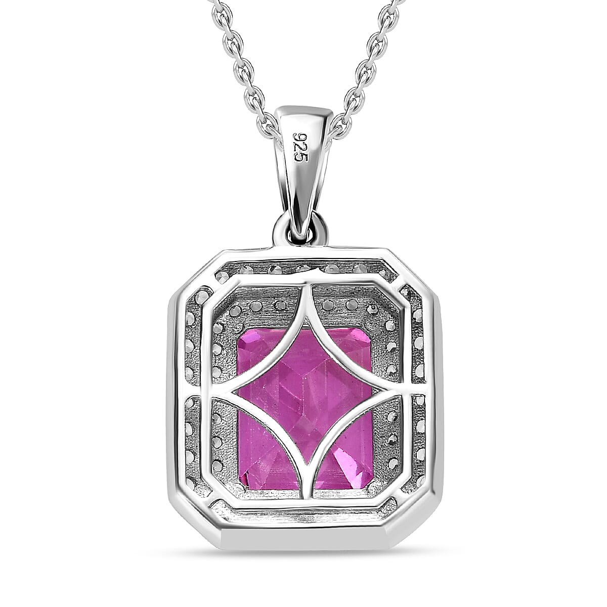 Premium Lab Created Pink Sapphire and Natural Zircon Halo Pendant with Chain (Size 20) in Platinum Overlay Sterling Silver 7.24 Ct, Silver Wt. 5.50 Gms