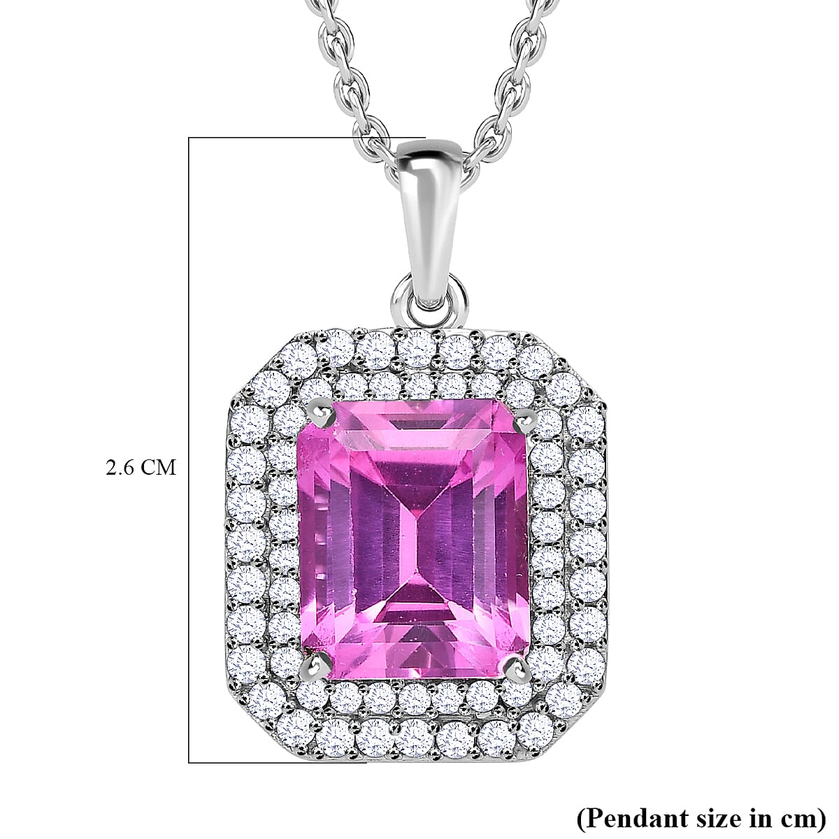 Premium Lab Created Pink Sapphire and Natural Zircon Halo Pendant with Chain (Size 20) in Platinum Overlay Sterling Silver 7.24 Ct, Silver Wt. 5.50 Gms