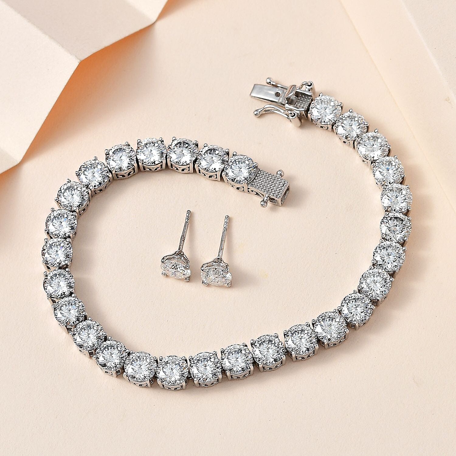 2 Piece Set - Moissanite Tennis Bracelet (Size-7) & Stud Earrings in Platinum Overlay Sterling Silver 22.04 Ct, Silver Wt 12.30 GM