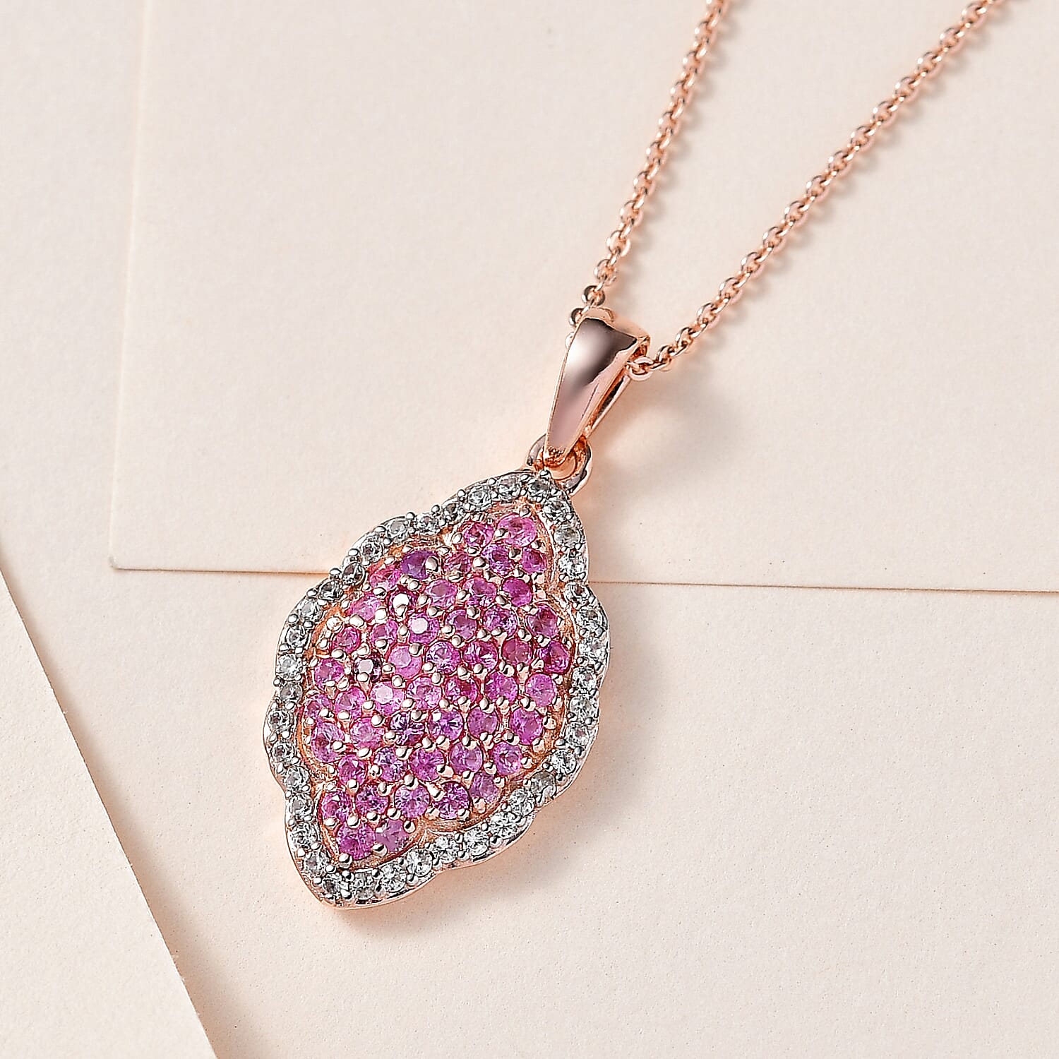 Pink Sapphire & Natural Zircon Pendant with Chain (Size-20) in 18K Rose Gold Vermeil Plated Sterling Silver 1.37 Ct.
