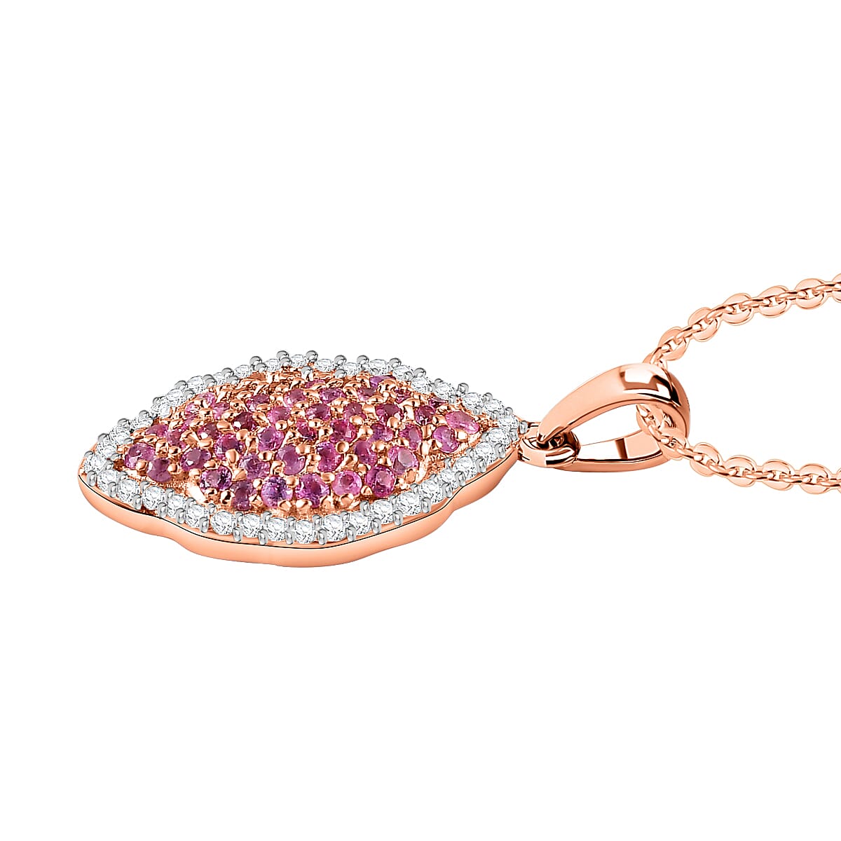 Pink Sapphire & Natural Zircon Pendant with Chain (Size-20) in 18K Rose Gold Vermeil Plated Sterling Silver 1.37 Ct.