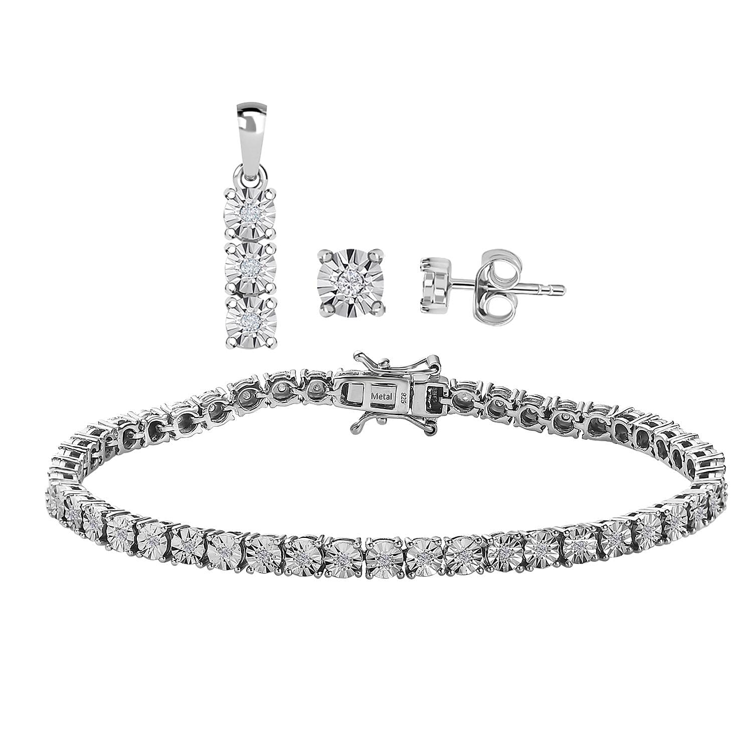 3 Piece Set - Diamond (0.250ct) Box Bracelet (Size 6.5), Earrings and Pendant in Platinum Overlay Sterling Silver