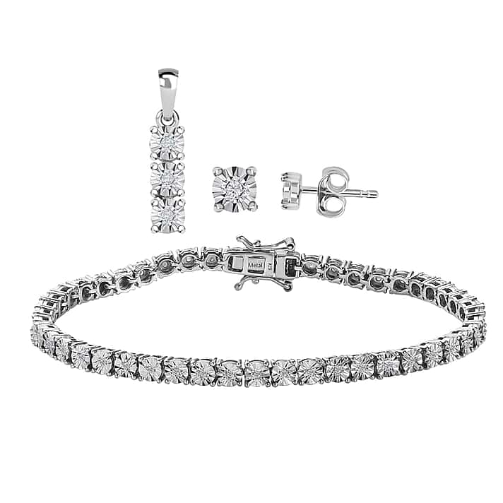 3 Piece Set - Diamond (0.250ct) Box Bracelet (Size 6.5), Earrings and Pendant in Platinum Overlay Sterling Silver