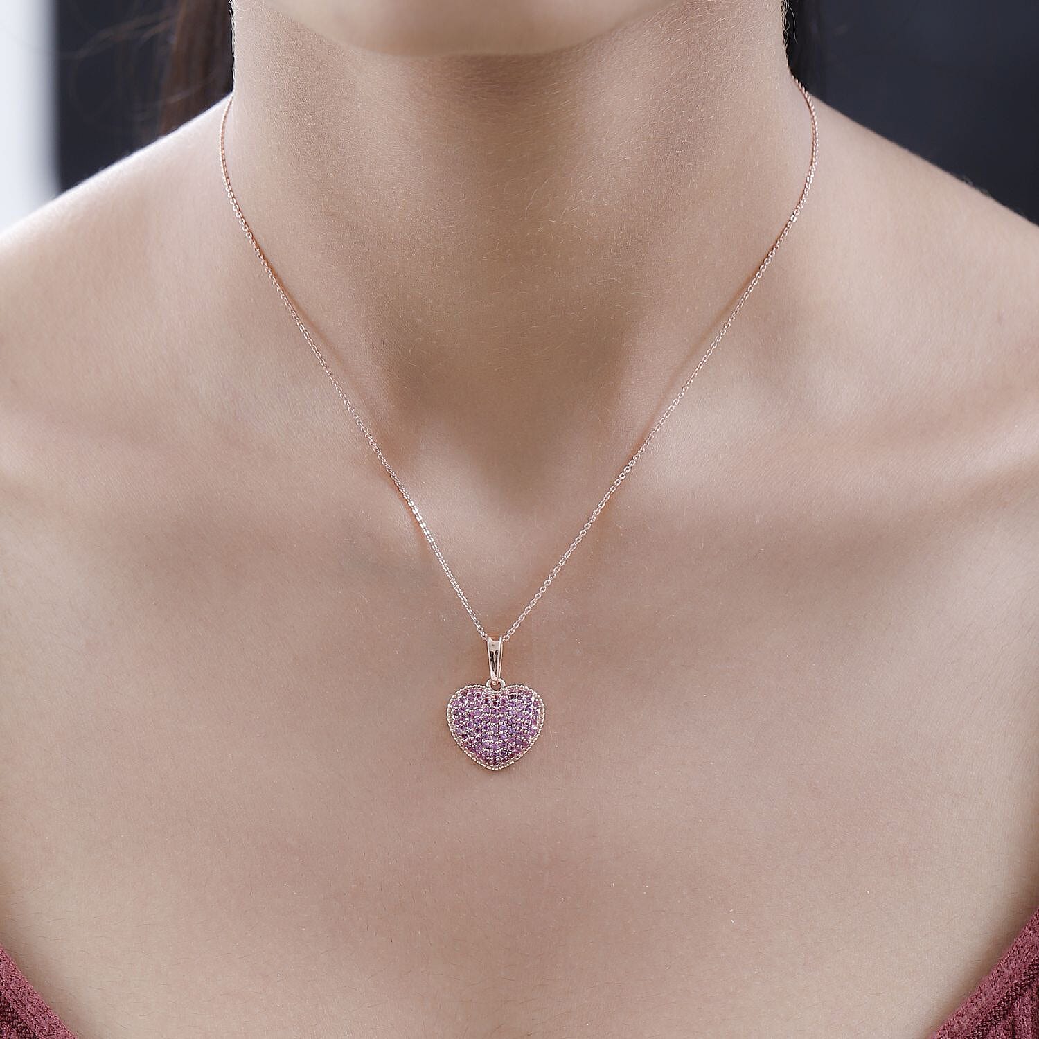 Pink Sapphire Heart Pendant with Chain (Size 20) in 18K Rose Gold Vermeil Plated Sterling Silver 1.35 Ct.