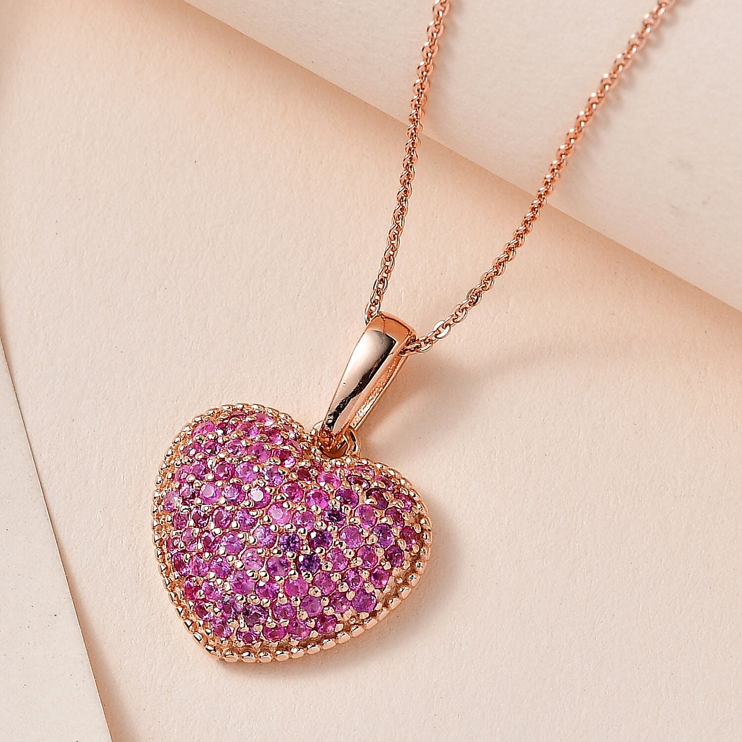 Pink Sapphire Heart Pendant with Chain (Size 20) in 18K Rose Gold Vermeil Plated Sterling Silver 1.35 Ct.