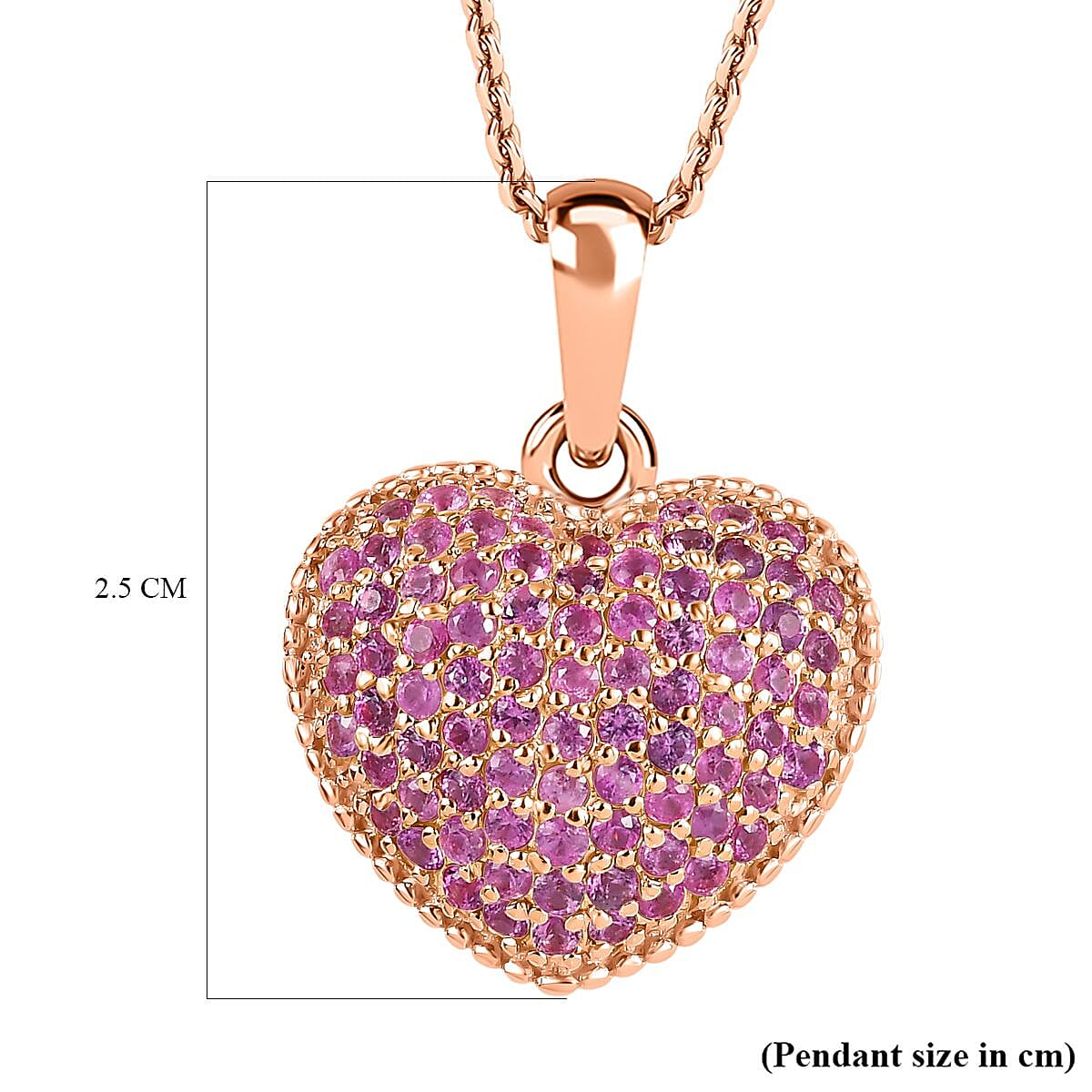 Pink Sapphire Heart Pendant with Chain (Size 20) in 18K Rose Gold Vermeil Plated Sterling Silver 1.35 Ct.