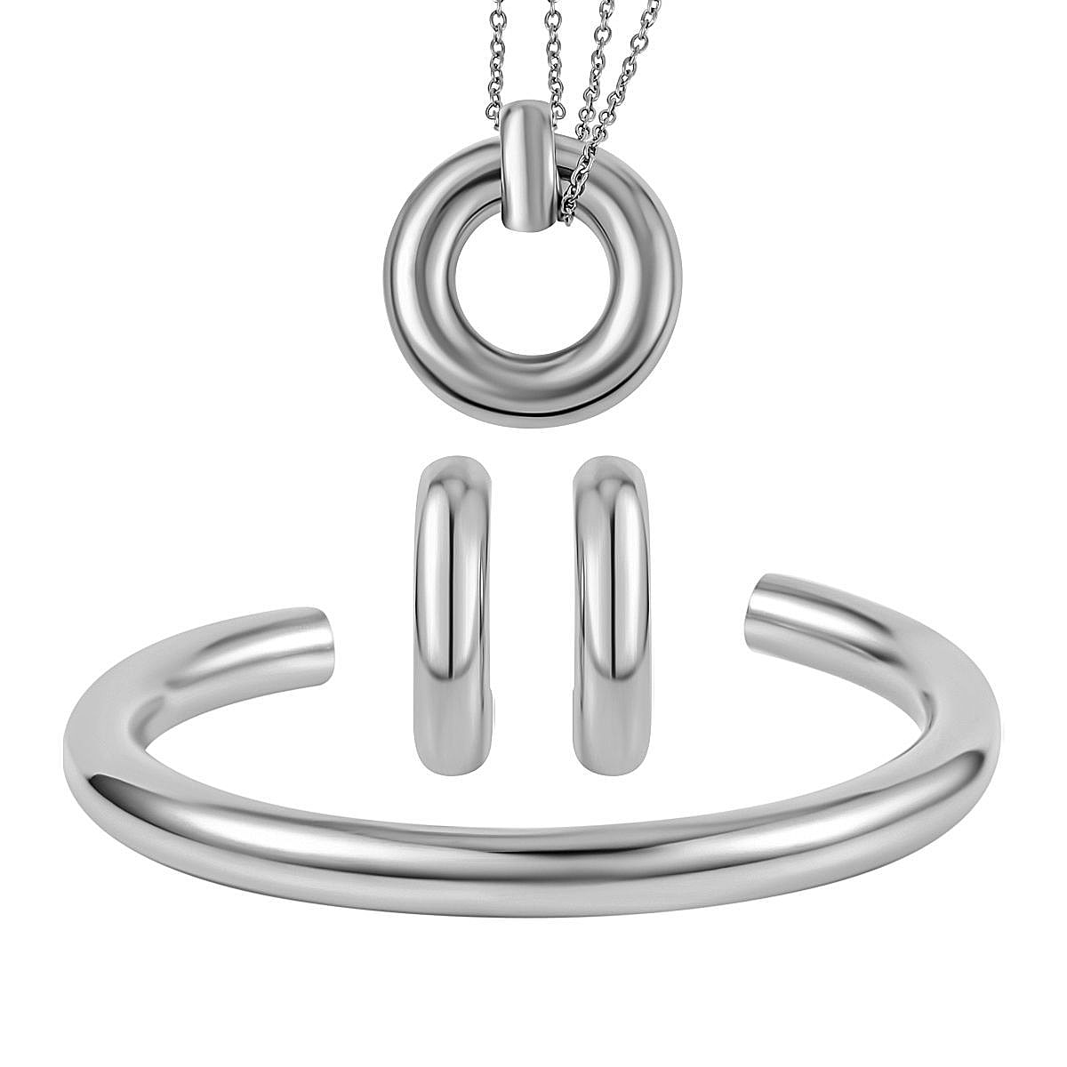 3 Piece Set - Circle Necklace (Size 20) and Openable Bangle (Size 7.5) and Hoop Earrings in Silver Tone
