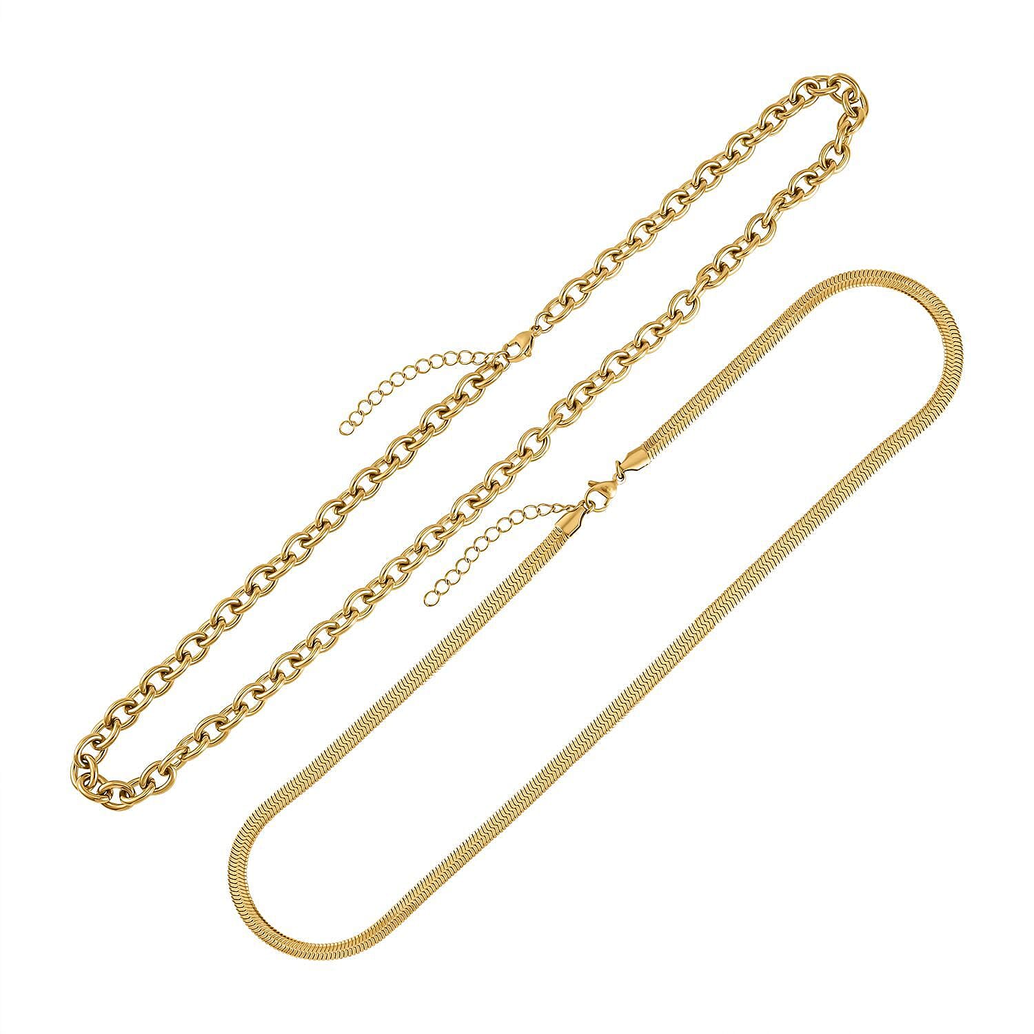 Set of 2 - Snake & Rope Stainless Steel Necklace (22-2) in Yellow Gold Tone
