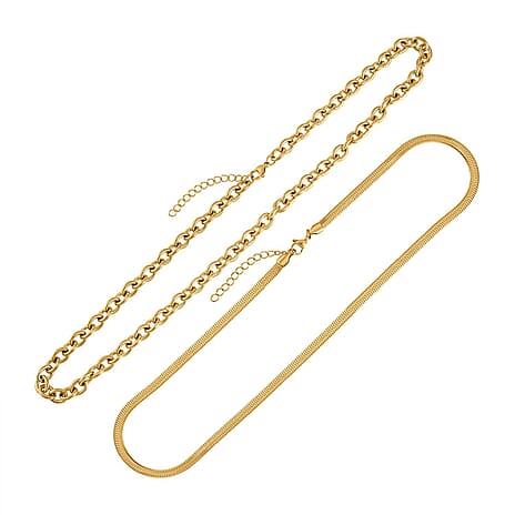 Set of 2 - Snake & Rope Stainless Steel Necklace (22-2) in Yellow Gold Tone