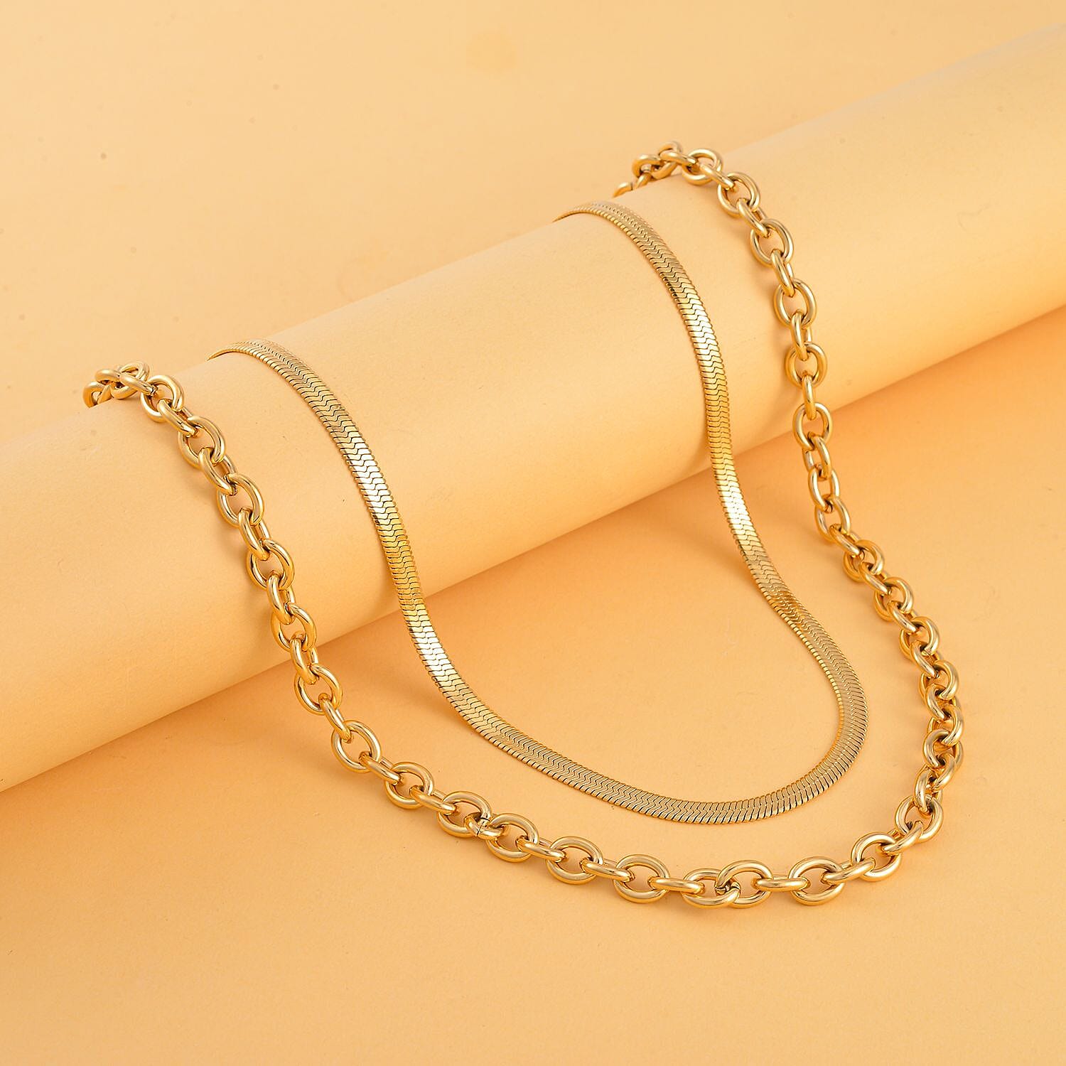 Set of 2 - Snake & Rope Stainless Steel Necklace (22-2) in Yellow Gold Tone