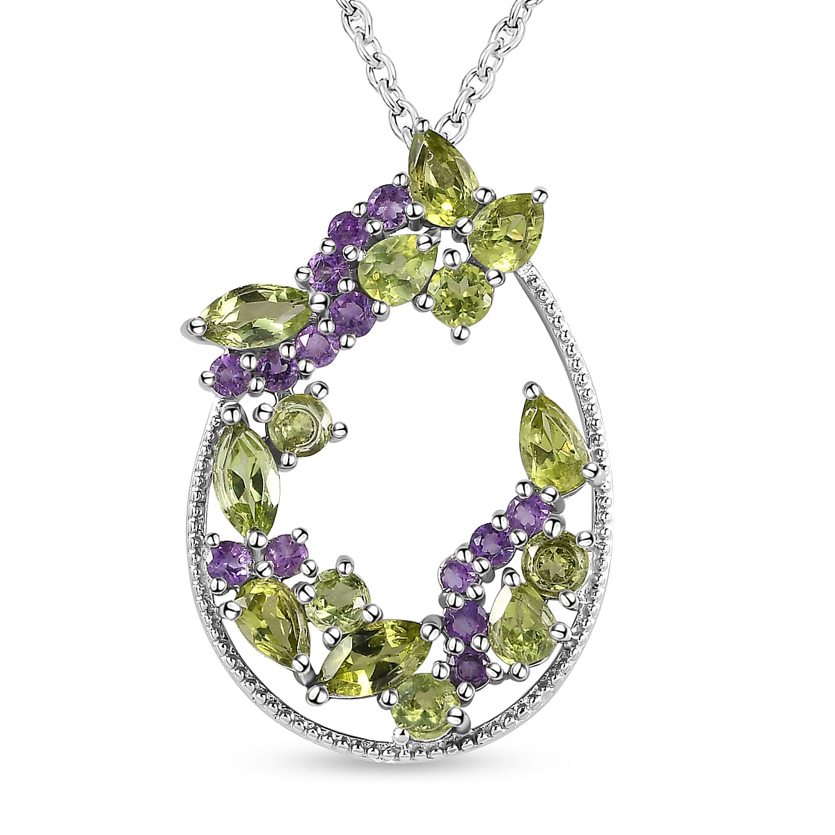 Hebei Peridot and Amethyst Pendant with Chain (Size 20) in Platinum Overlay Sterling Silver 3.03 Ct, Silver Wt. 5.77 Gms