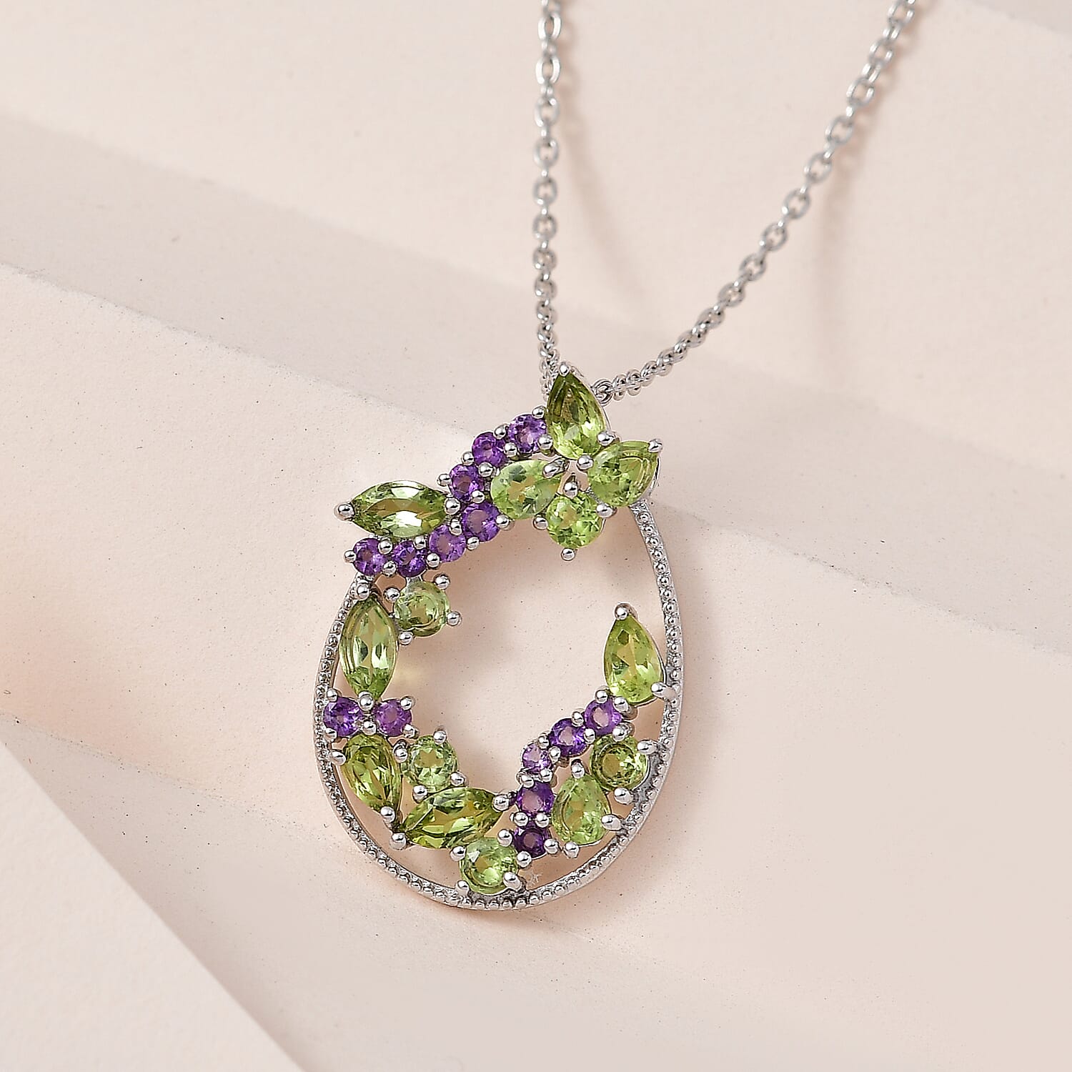 Hebei Peridot and Amethyst Pendant with Chain (Size 20) in Platinum Overlay Sterling Silver 3.03 Ct, Silver Wt. 5.77 Gms