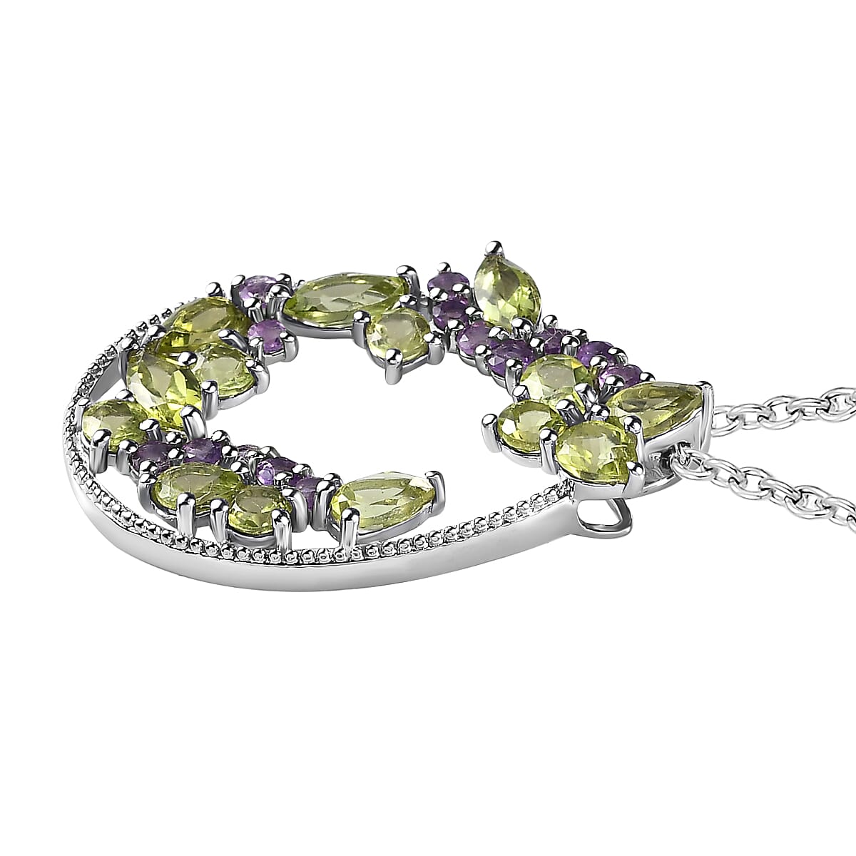 Hebei Peridot and Amethyst Pendant with Chain (Size 20) in Platinum Overlay Sterling Silver 3.03 Ct, Silver Wt. 5.77 Gms