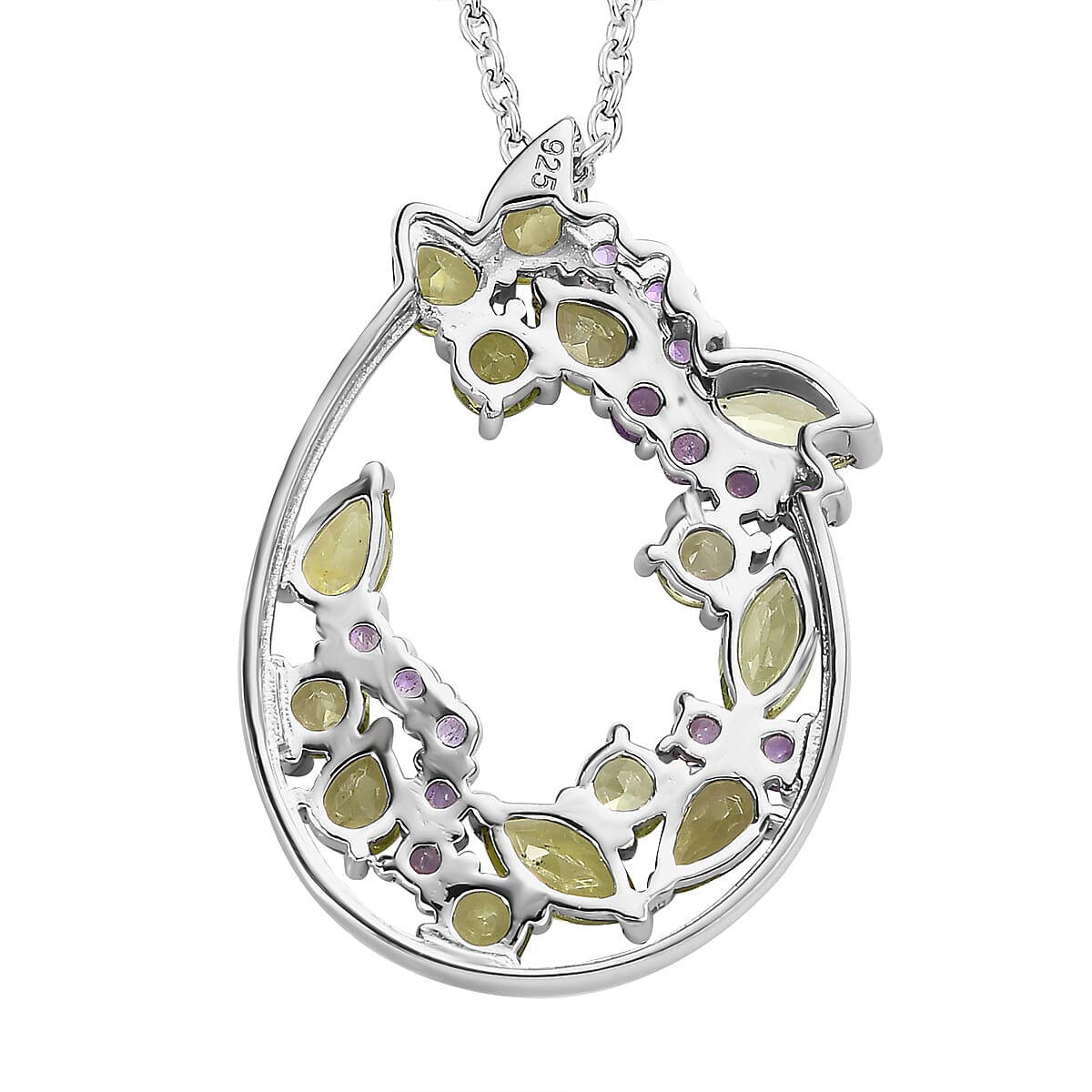 Hebei Peridot and Amethyst Pendant with Chain (Size 20) in Platinum Overlay Sterling Silver 3.03 Ct, Silver Wt. 5.77 Gms