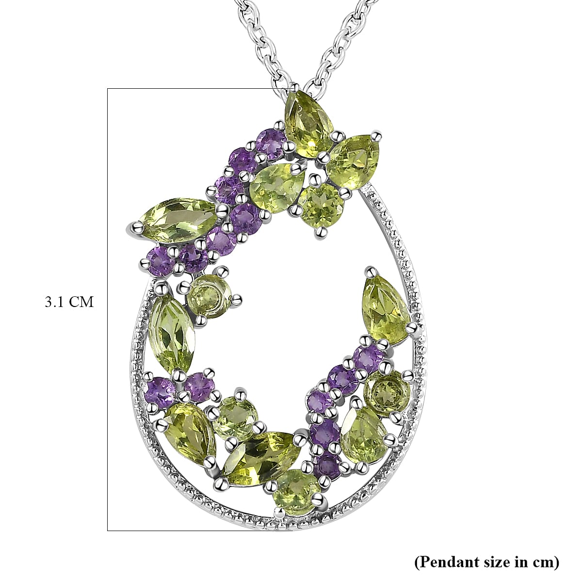 Hebei Peridot and Amethyst Pendant with Chain (Size 20) in Platinum Overlay Sterling Silver 3.03 Ct, Silver Wt. 5.77 Gms