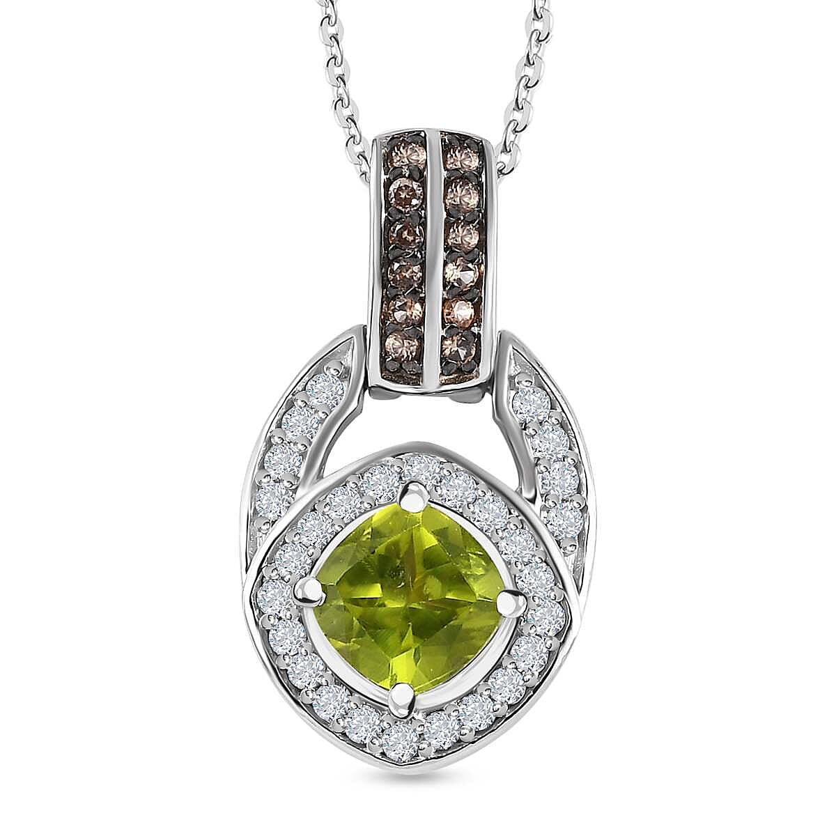 Hebei Peridot, White and Brown Zircon Pendant with Chain (Size 20) in Platinum Overlay Sterling Silver 1.42 Ct