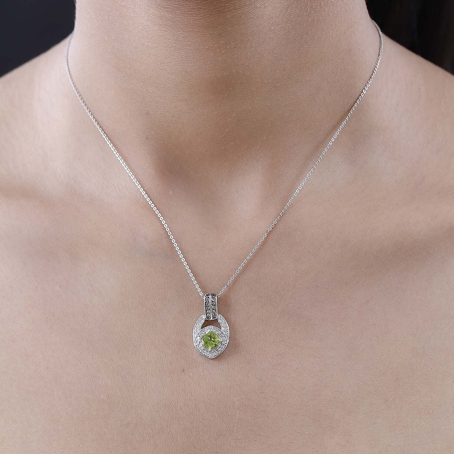 Hebei Peridot, White and Brown Zircon Pendant with Chain (Size 20) in Platinum Overlay Sterling Silver 1.42 Ct