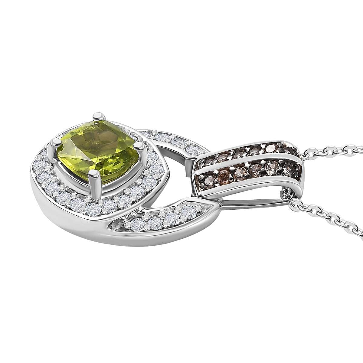 Hebei Peridot, White and Brown Zircon Pendant with Chain (Size 20) in Platinum Overlay Sterling Silver 1.42 Ct