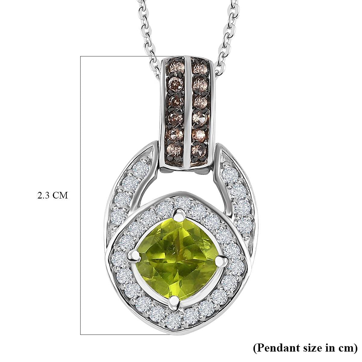 Hebei Peridot, White and Brown Zircon Pendant with Chain (Size 20) in Platinum Overlay Sterling Silver 1.42 Ct