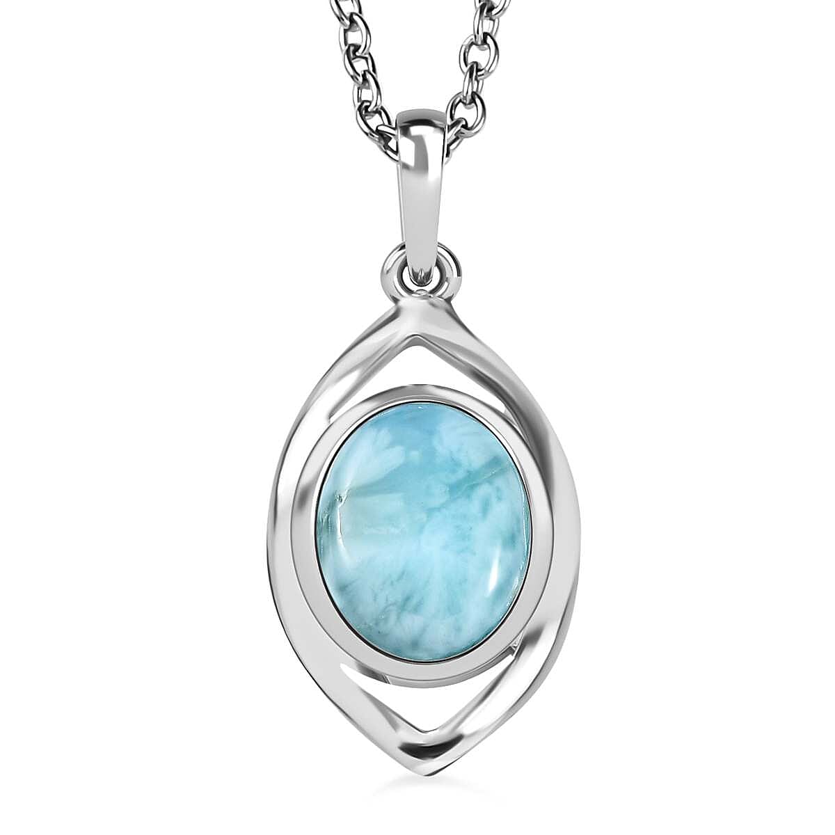 Larimar Solitaire Platinum Overlay Sterling Silver Pendant with Stainless Steel Chain (Size 20) 2.90 Ct.
