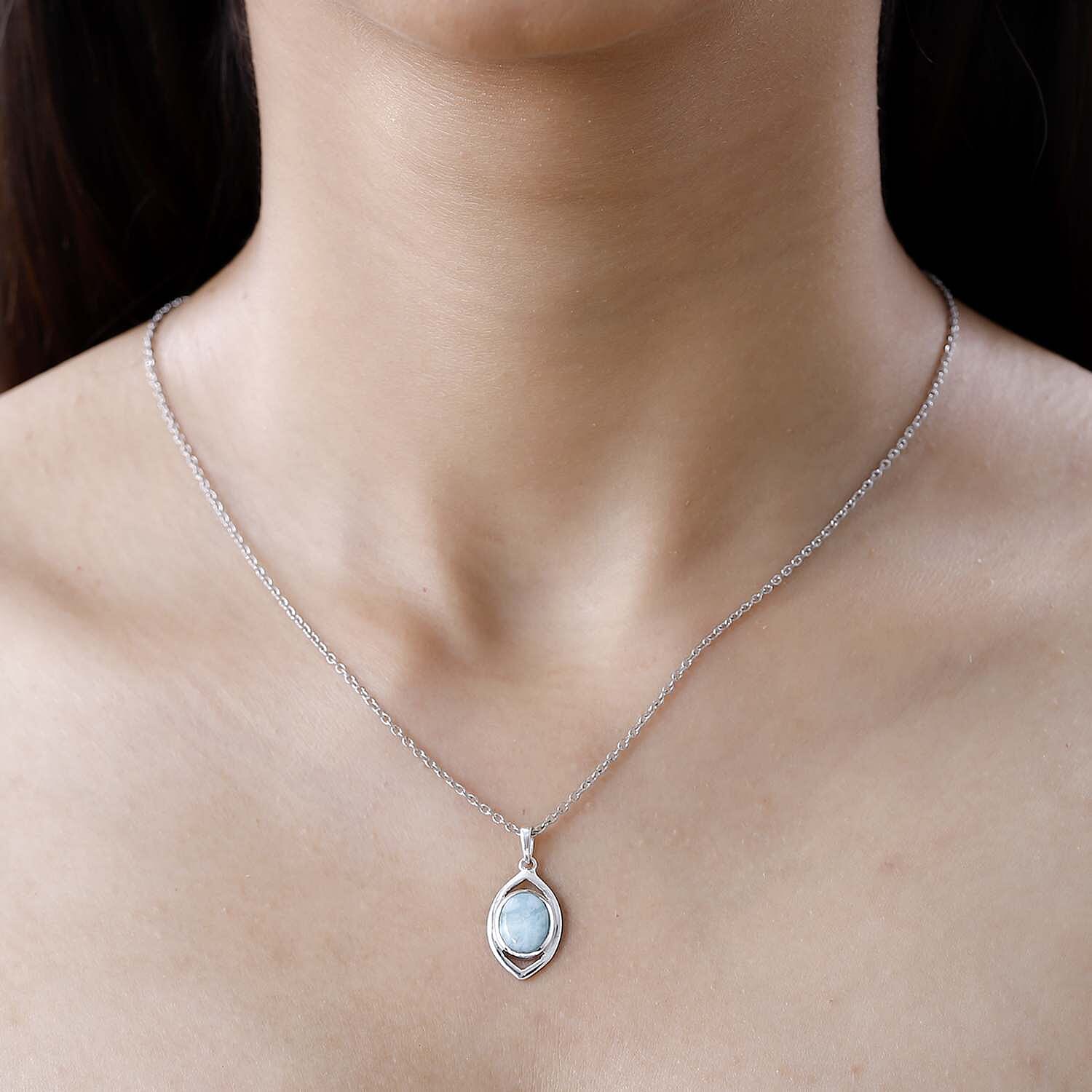 Larimar Solitaire Platinum Overlay Sterling Silver Pendant with Stainless Steel Chain (Size 20) 2.90 Ct.