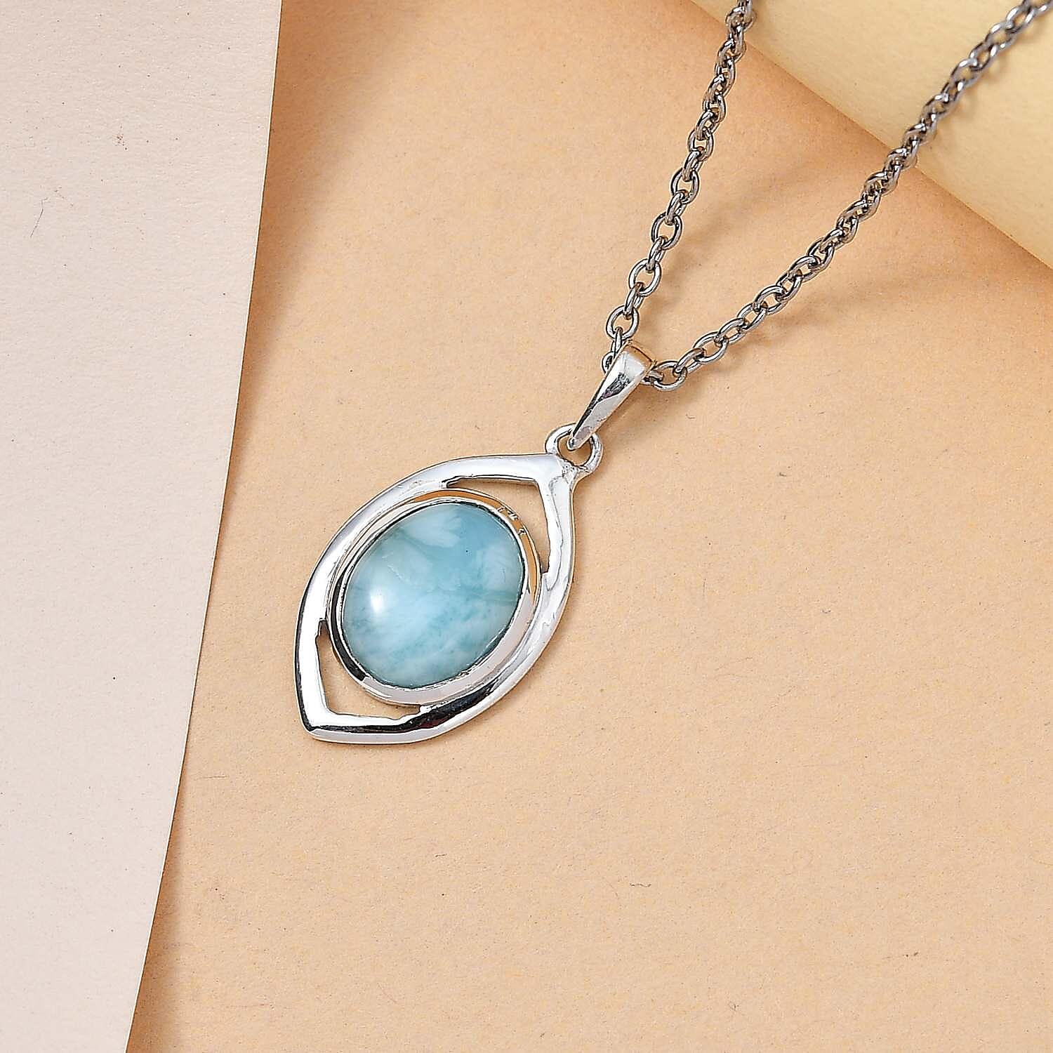 Larimar Solitaire Platinum Overlay Sterling Silver Pendant with Stainless Steel Chain (Size 20) 2.90 Ct.