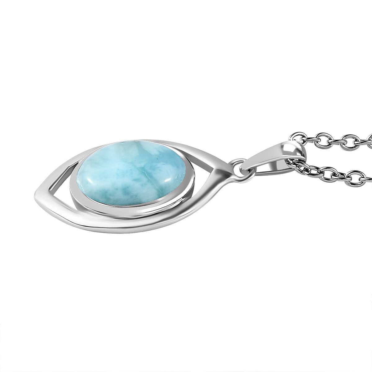 Larimar Solitaire Platinum Overlay Sterling Silver Pendant with Stainless Steel Chain (Size 20) 2.90 Ct.