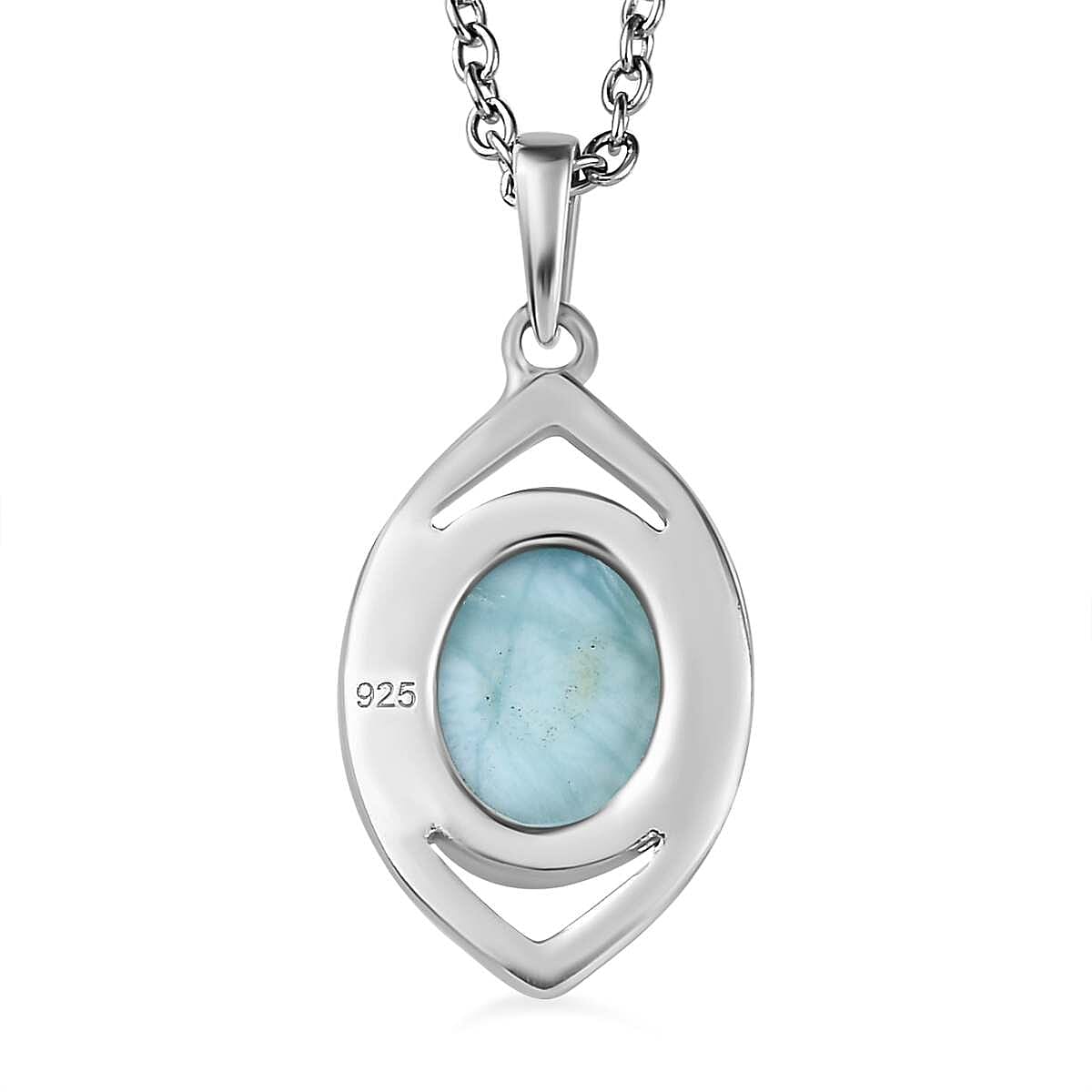 Larimar Solitaire Platinum Overlay Sterling Silver Pendant with Stainless Steel Chain (Size 20) 2.90 Ct.