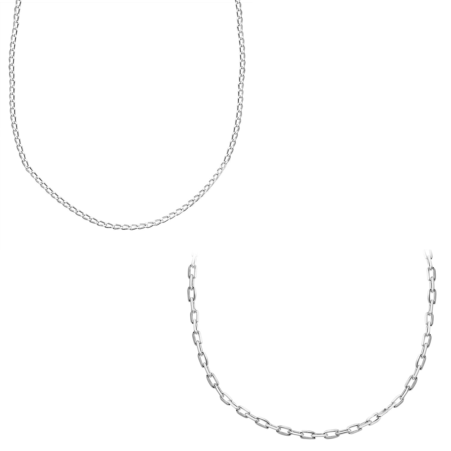 Set of 2 - Sterling Silver Diamond Cut Long Curb Link Chain (Size 18) with Spring Ring Clasp