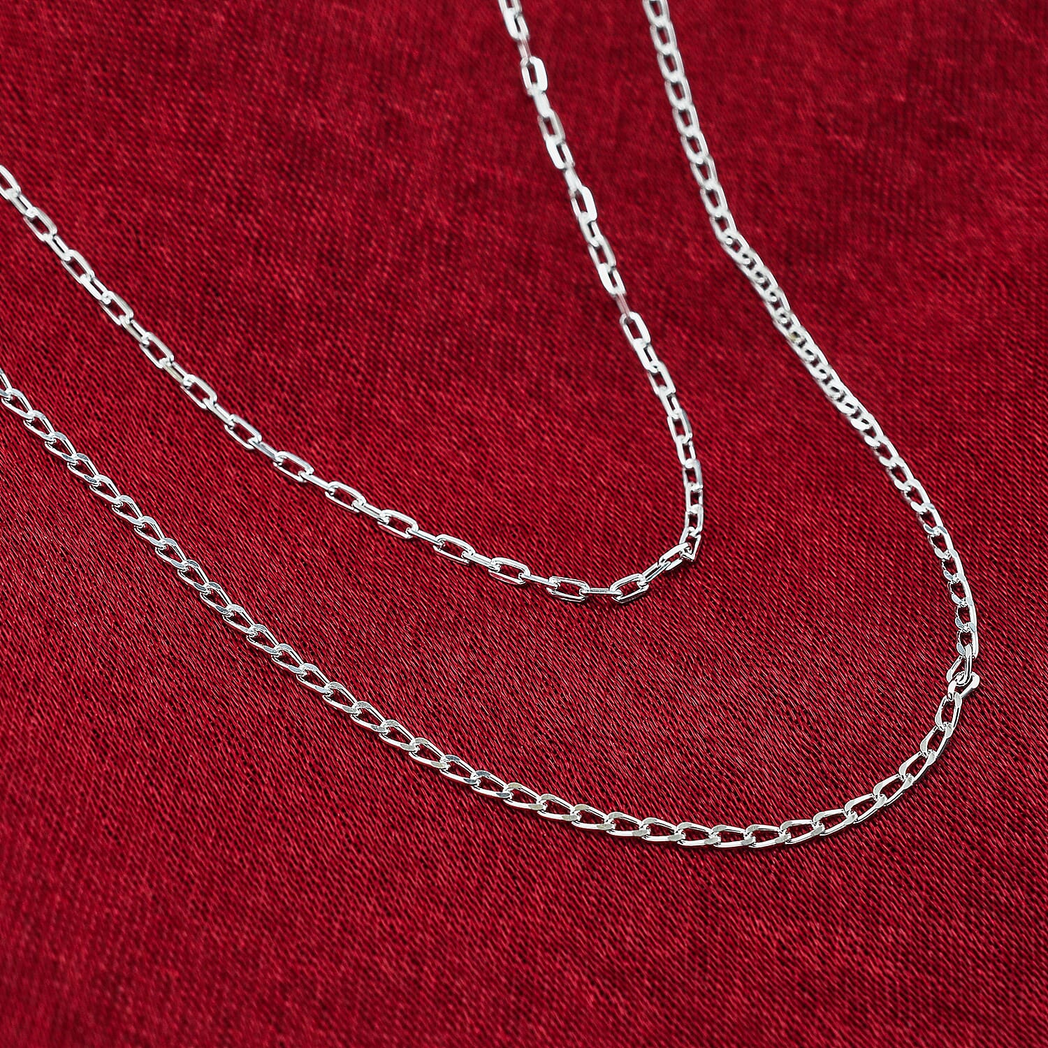 Set of 2 - Sterling Silver Diamond Cut Long Curb Link Chain (Size 18) with Spring Ring Clasp