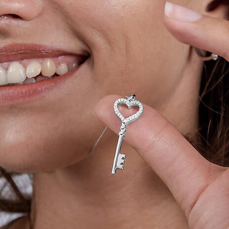 Moissanite Key Pendant with Chain (Size 20) in Platinum Overlay Sterling Silver