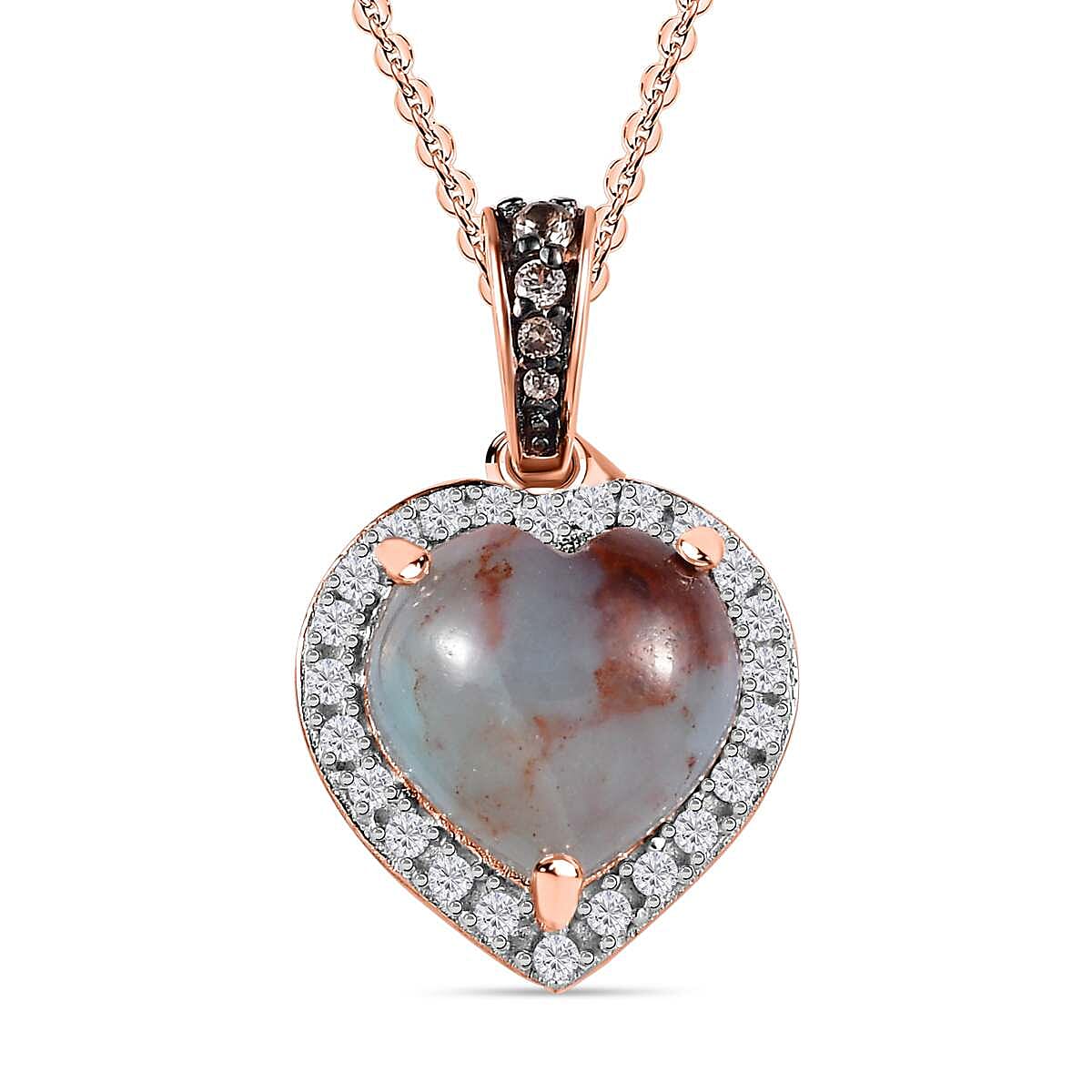 Zimbaprase, Natural White Zircon and Brown Zircon Heart Pendant with Chain (Size 20) in 18K Vermeil Rose Gold Plated Sterling Silver 4.74 Ct