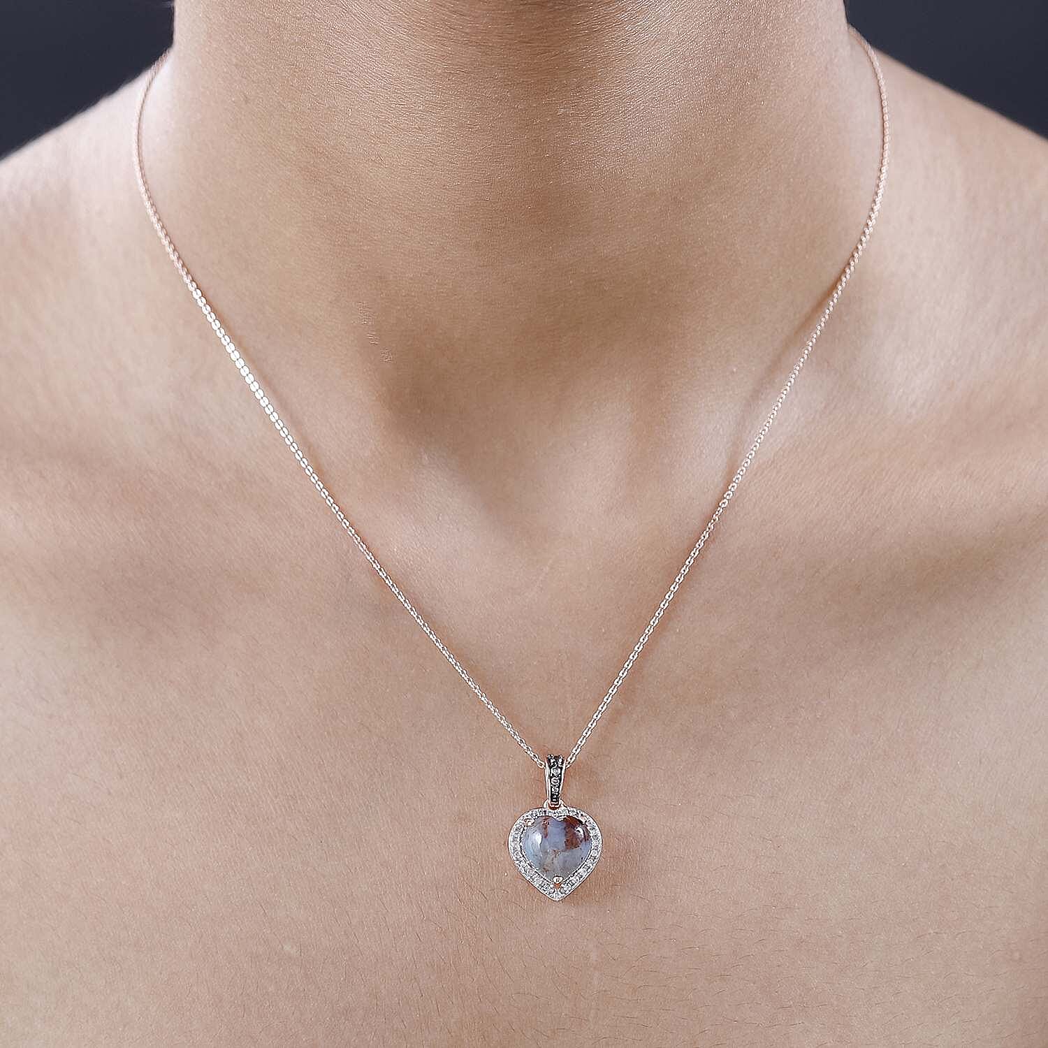 Zimbaprase, Natural White Zircon and Brown Zircon Heart Pendant with Chain (Size 20) in 18K Vermeil Rose Gold Plated Sterling Silver 4.74 Ct