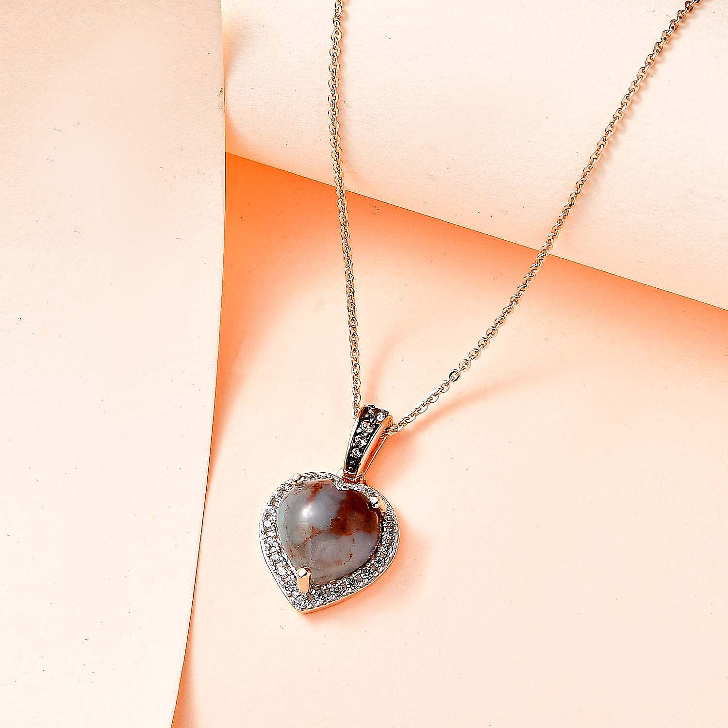 Zimbaprase, Natural White Zircon and Brown Zircon Heart Pendant with Chain (Size 20) in 18K Vermeil Rose Gold Plated Sterling Silver 4.74 Ct