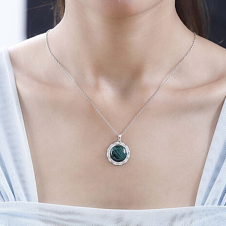 Sterling Silver Malachite Pendant with Chain (Size 20) 14.250  Ct.