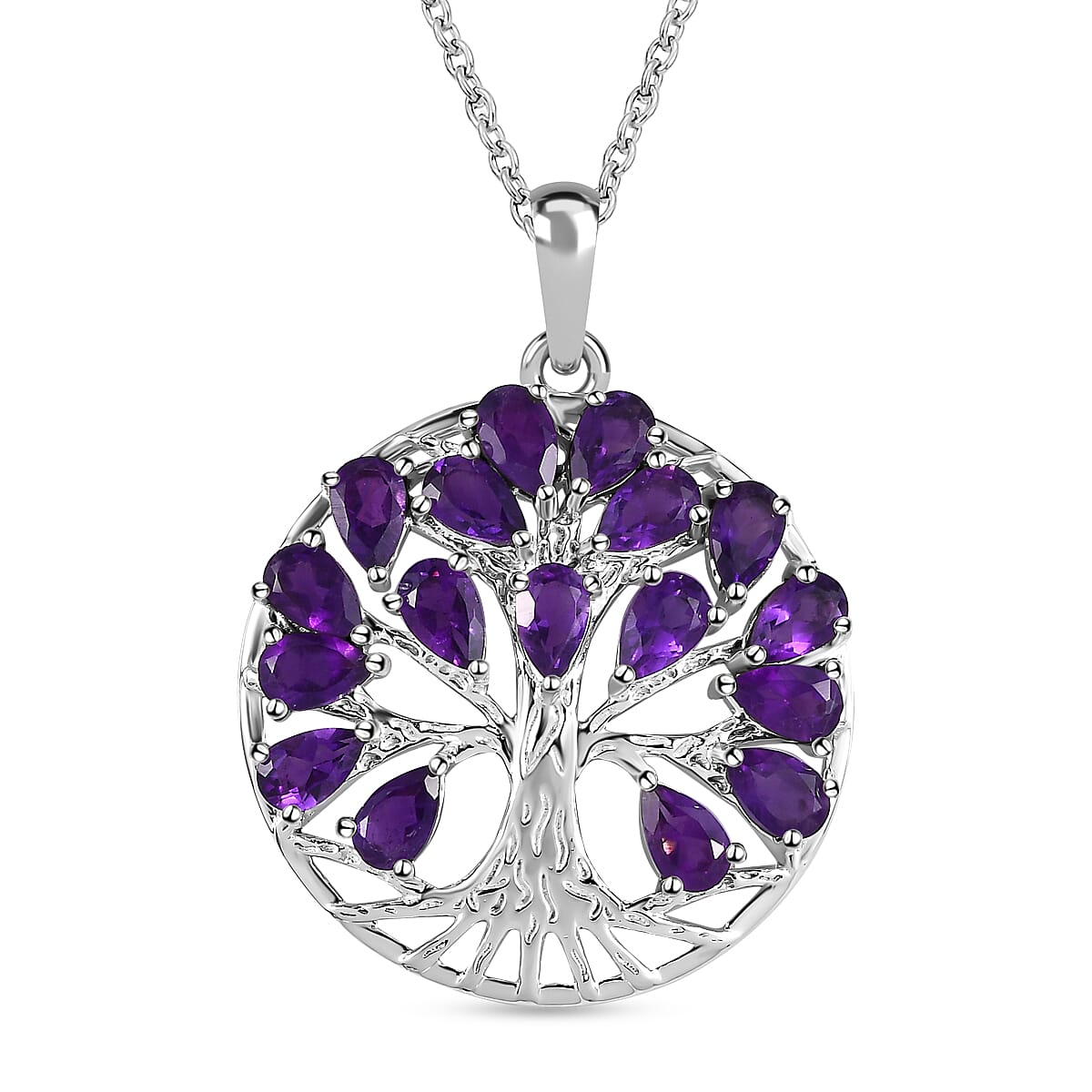 Amethyst Sterling Silver Tree of Life Pendant With Chain (Size - 20) 3.28 Ct, Silver Wt. 6.52 Gms.