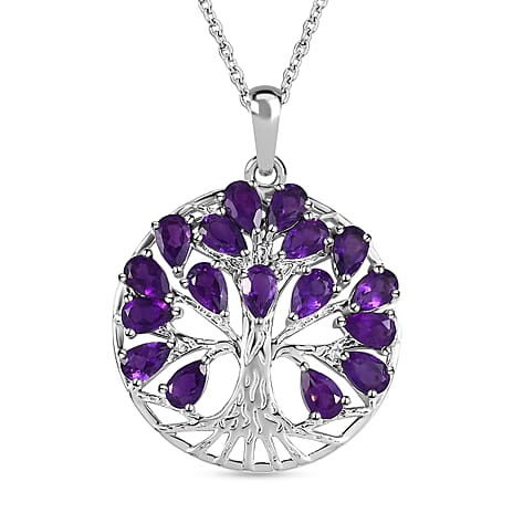 Amethyst Sterling Silver Tree of Life Pendant With Chain (Size - 20) 3.28 Ct, Silver Wt. 6.52 Gms.