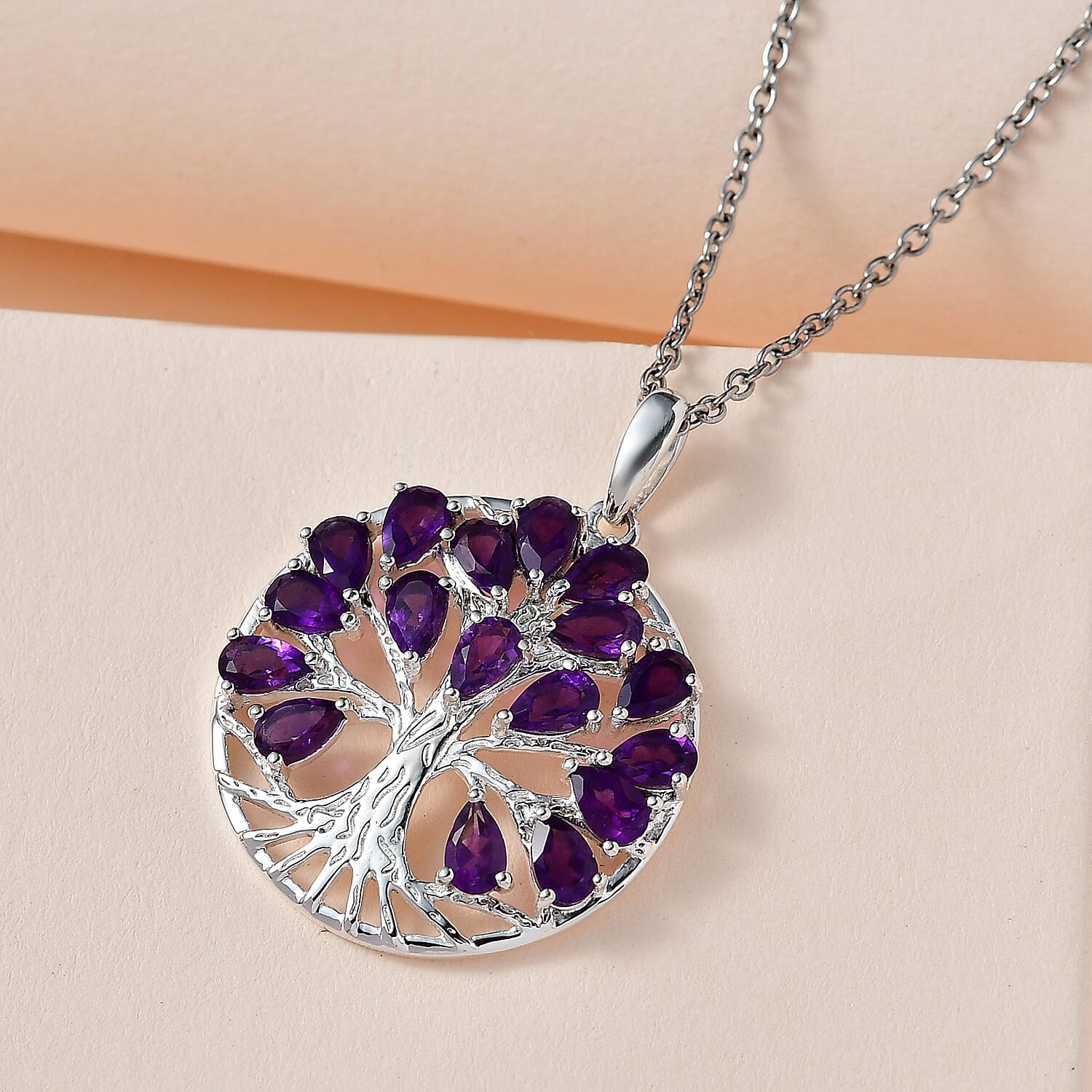 Amethyst Sterling Silver Tree of Life Pendant With Chain (Size - 20) 3.28 Ct, Silver Wt. 6.52 Gms.