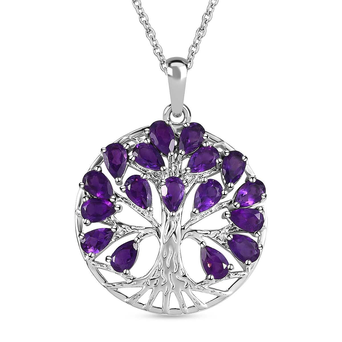 Amethyst Sterling Silver Tree of Life Pendant With Chain (Size - 20) 3.28 Ct, Silver Wt. 6.52 Gms.