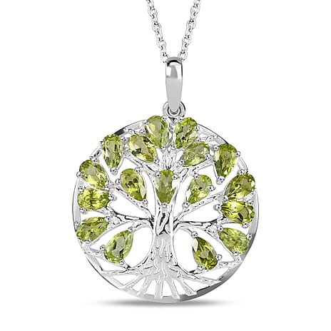 Hebei Peridot Sterling Silver Tree of Life Pendant With Chain (Size 20) 4.25 Ct, Silver Wt. 7.44 Gms.