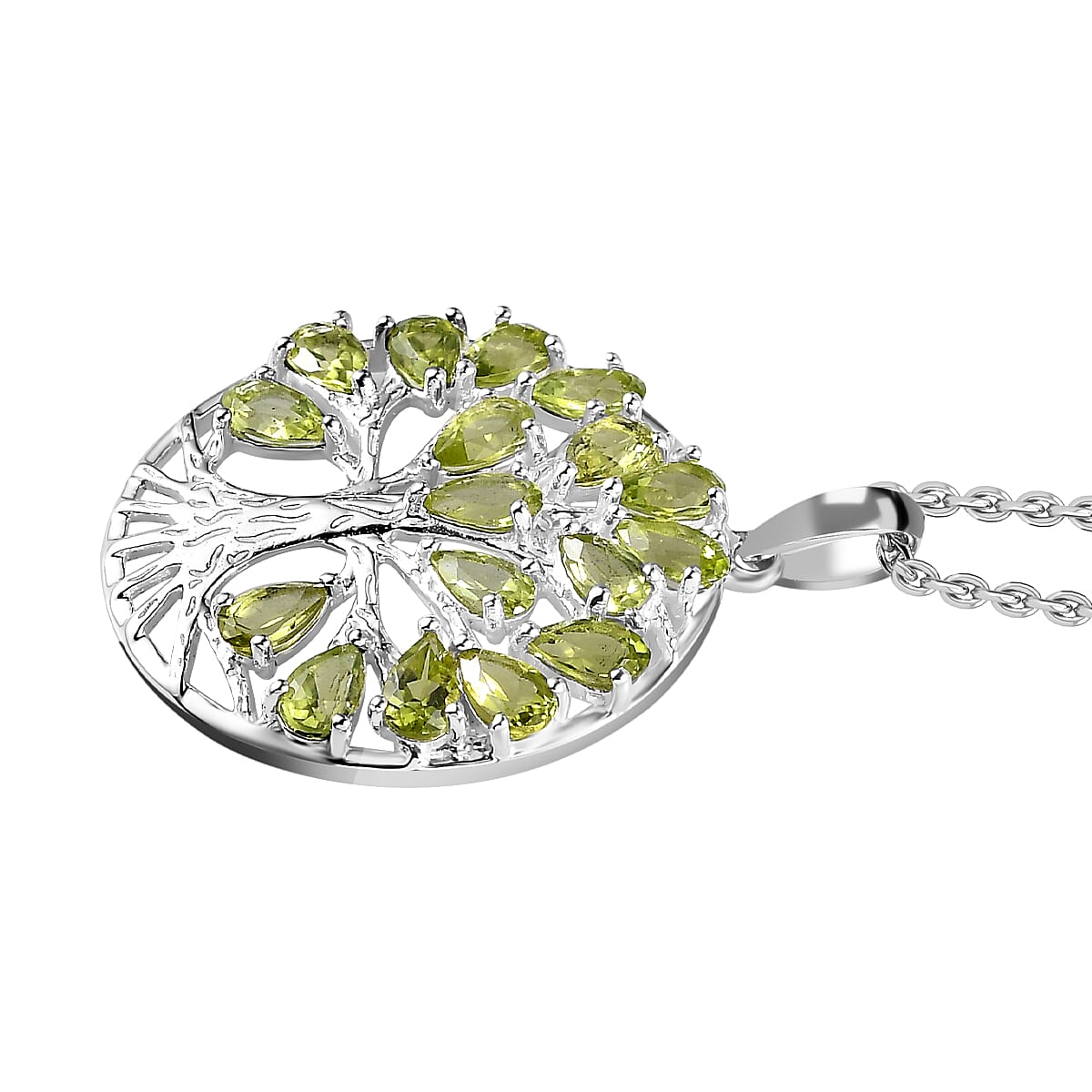 Hebei Peridot Sterling Silver Tree of Life Pendant With Chain (Size 20) 4.25 Ct, Silver Wt. 7.44 Gms.
