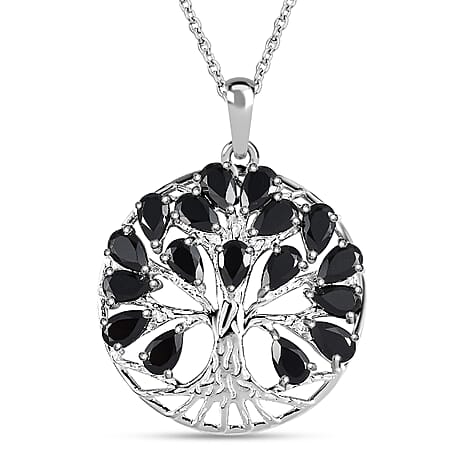 Boi Ploi Black Spinel Sterling Silver Tree of Life Pendant With Chain (Size 20) 5.27 Ct, Silver Wt 7.44 Gms.